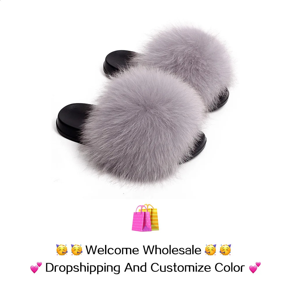 Ethel Anderson Real Fox Raccoon Fur Slider Womens Summer Flip Casual Cute Fur Sandals Plush Shoes Recommended 240827