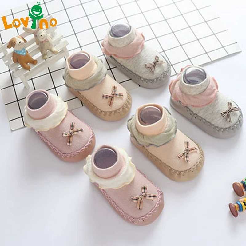 Bow PU leather edge childrens shoes with adhesive dots anti slip newborn baby socks cute boys and girls soft soles skin friendly floor socks M240827