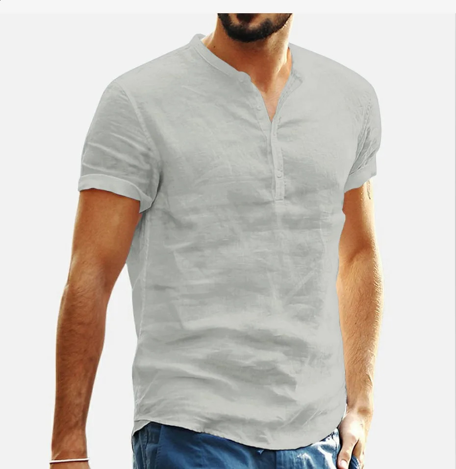mens linen long sleeved solid color loose spring Tshirt cotton shirt plus size 240827