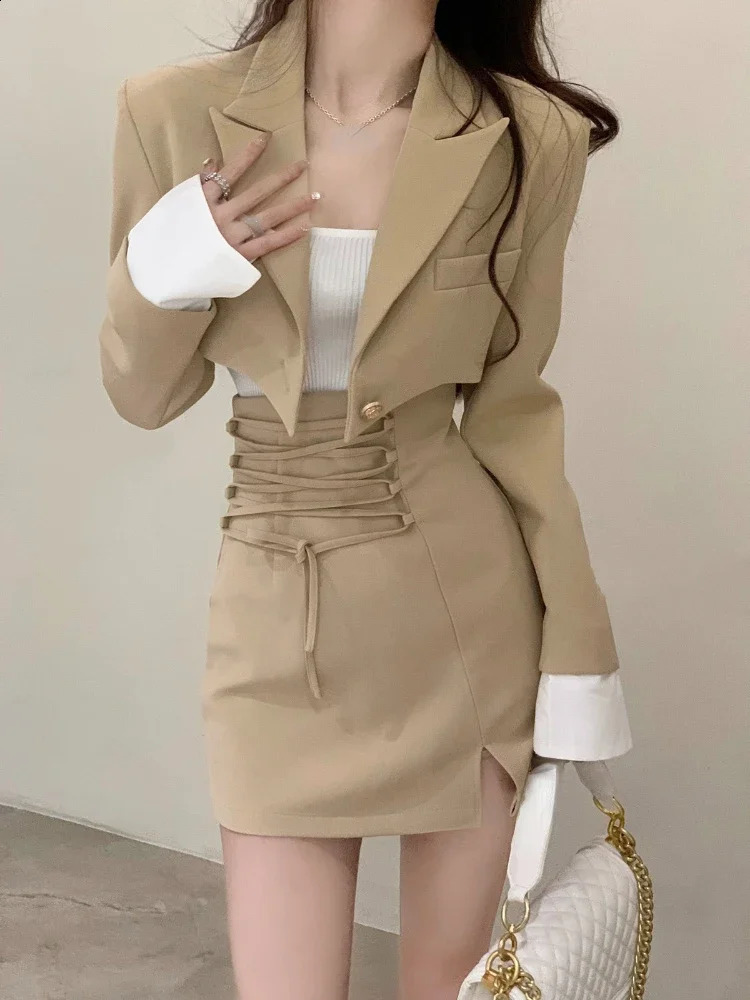 2 Piece Dress Set Women Casual Y2k Crop Tops Elegant Jacket Coats Mini Skirts Korean Fashion Suits Spring Blazers Dress 240826