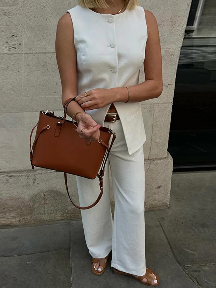 Elegant Vest Two Piece Set Women Office Single Breasted Top High Waist Wide leg Pant Female Suit Cotton Linen Lady Trousers Sets 240826