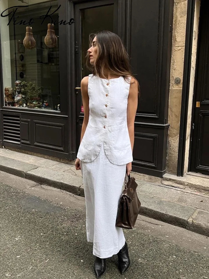 Elegant Waistcoat Skirts Sets Women White Single Breasted Top High Waist Midi Skirt Female Suit Sping Summer Lady Suits 240826