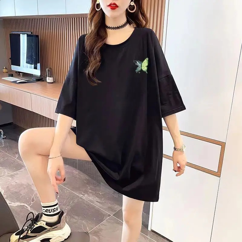 Summer floral alphabet round neck short sleeved loose and fashionable Midi T-shirt womens office womens top 240826