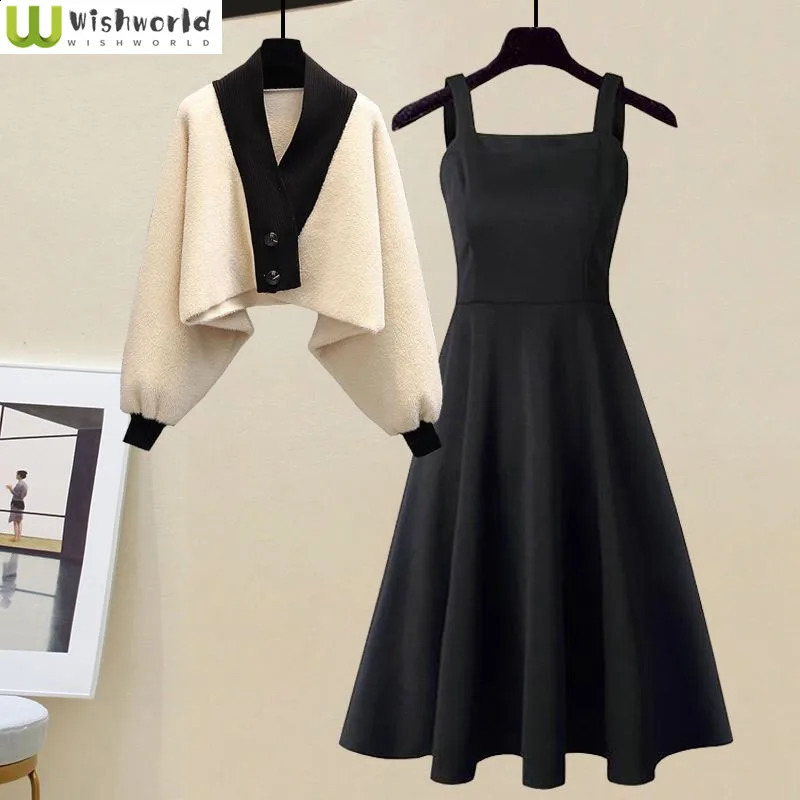 Autumn and winter womens clothing Korean style slim fit sweater casual dress elegant twopiece set 240827