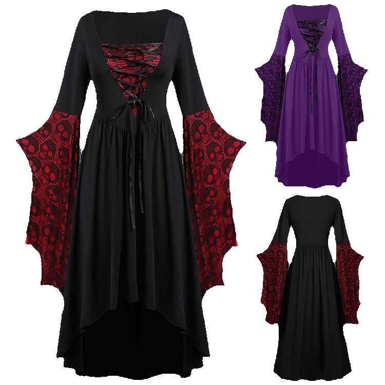 2024 Halloween Skull Lace Strap Irregular Ruffle Sleeve Dress