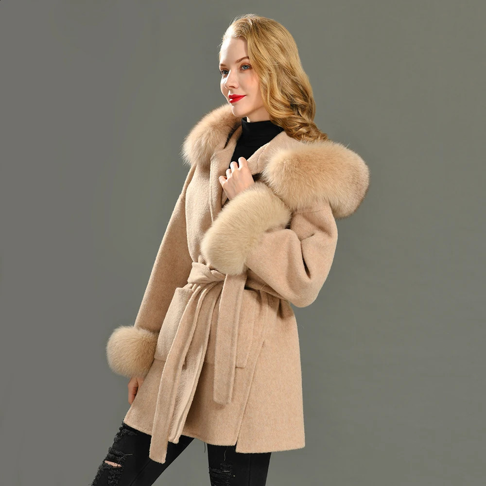 Real Fur Coat Hood Winter Jacket Womens 100% Natural Fox Fur Collar Cuff Cashmere Wool Blended Oversized Coat Loose 240826