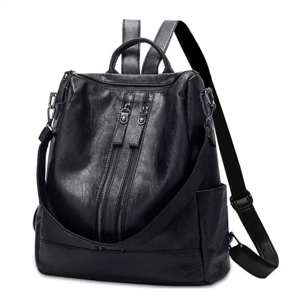 Womens backpack school soft leather black casual multifunctional college bag large capacity shoulder bag travel handbag 240827