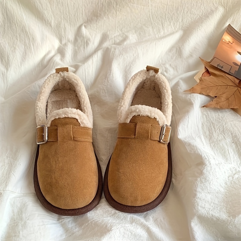 Women's Solid Color Fuzzy Loafers, Slip On Soft Sole Flat Warm Lined Shoes, Winter Plush Non-slip Snow Shoes