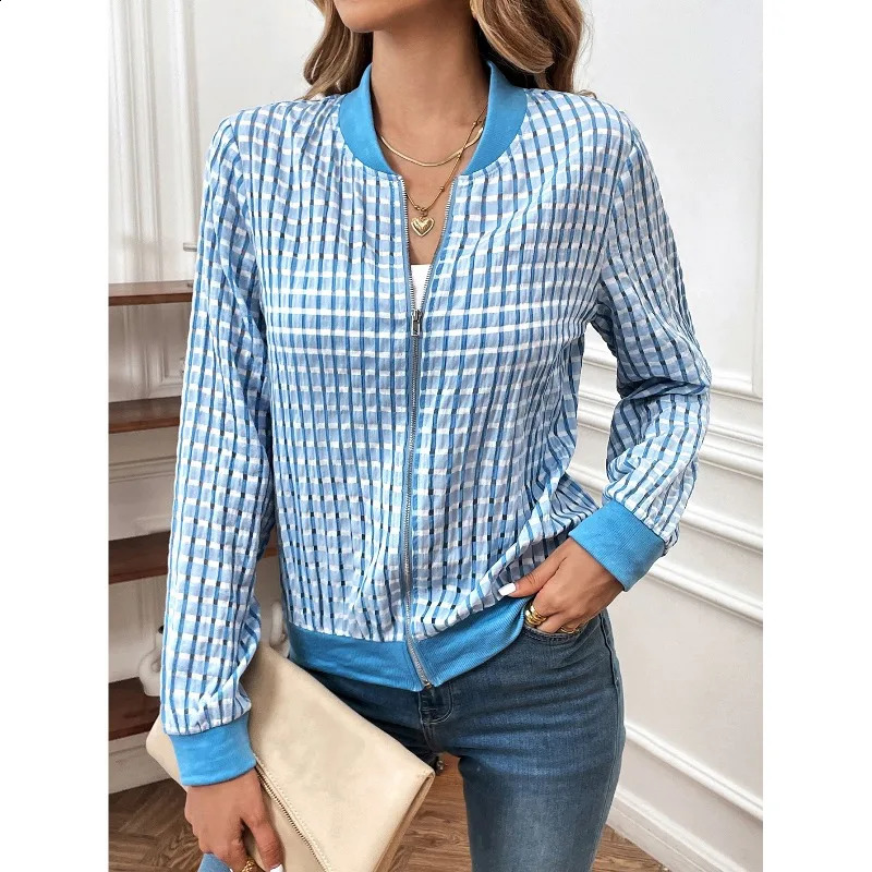 Spring and Autumn Womens Cardigan Long Sleeve Spell Colour Plaid Striped Zipper Patchwork Loose Office Lady Fashion Casual Coat 240827