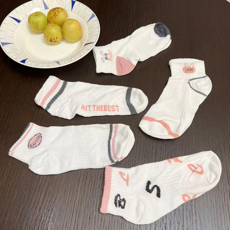 OC-Chery B9001 Spring and Autumn Girls' Socks Shallow Mouth Stripe Letter Cut Student Motion Short Socks Polyester Wholesale 5 Colors