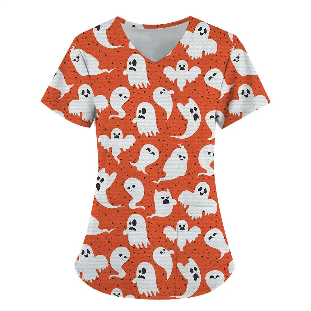 Womens fashion clothing Halloween series 3D printed nurse workwear V-neck T-shirt pocket womens short sleeved funny hip-hop 240827