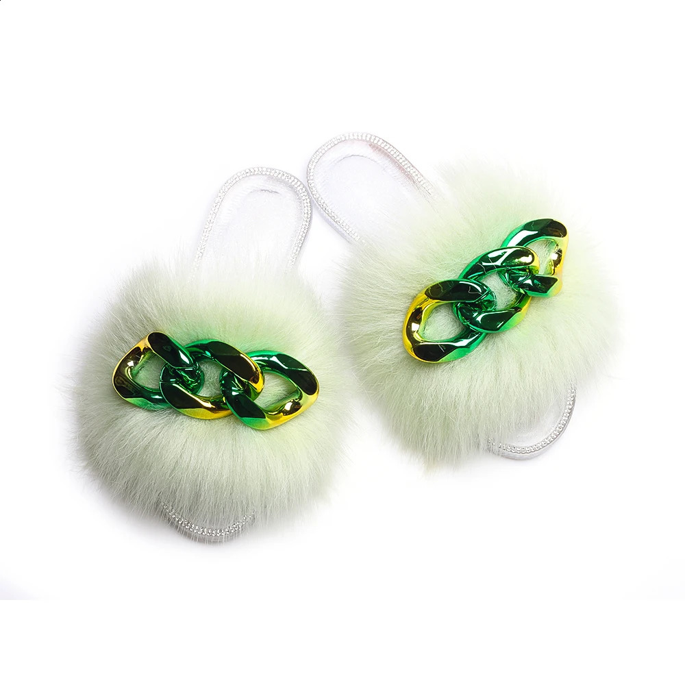 Womens fashion chain transparent slider summer jelly sandals womens faux fur slider beach fluffy flip cover 240827
