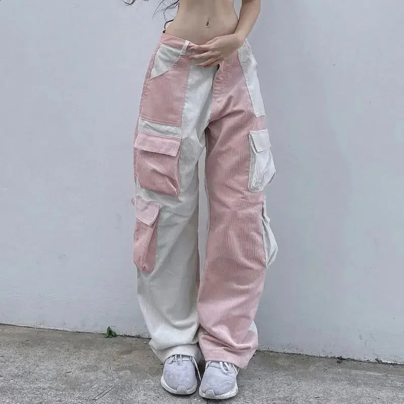Black and white splicing contrast color corduroy cargo pants women high waist multi-pocket y2k baggy girl casual pants 240827