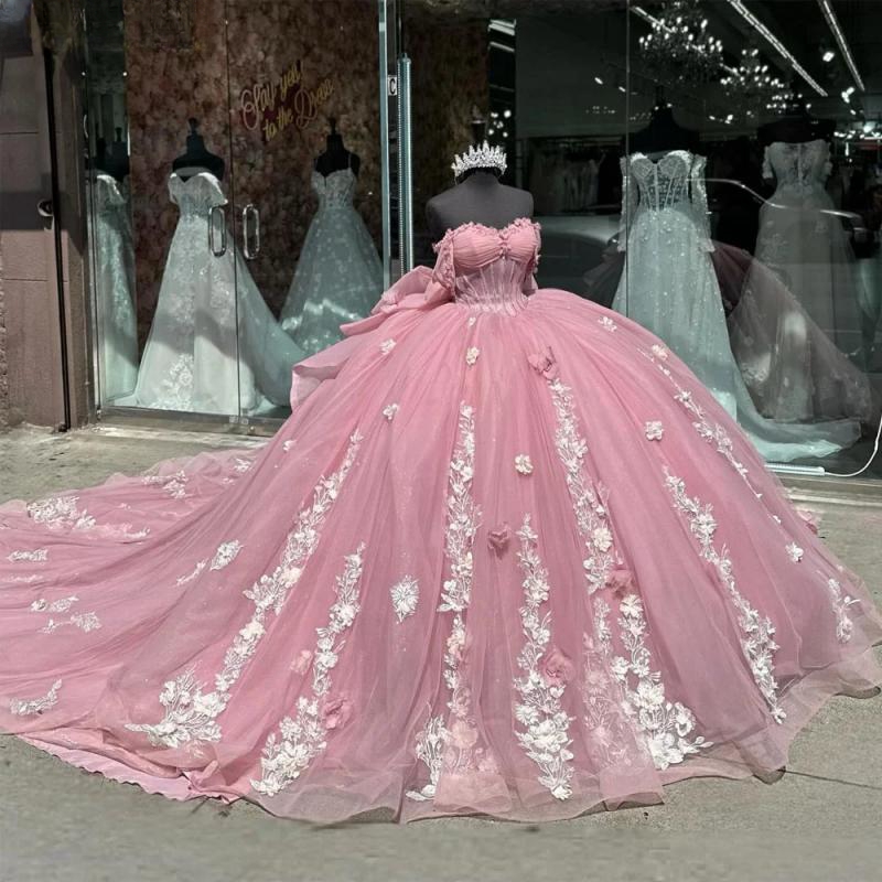 Pink Shiny Quinceanera Dresses Off The Shoulder Beading Applique Lace Tull Corset Vestidos De 15 Anos Birthday Party Princess Sweet 16 Dress