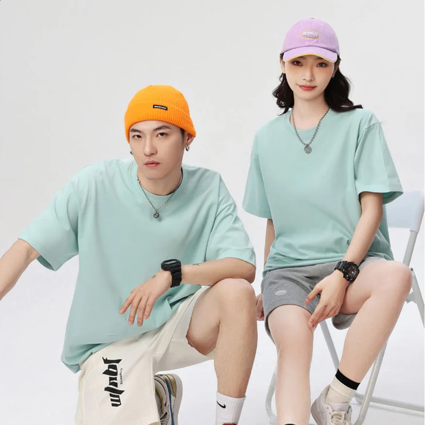 Summer Solid Color 230g Heavy duty Cotton Bottom Mens Casual Round Neck Short Sleeve Tshirt 240827