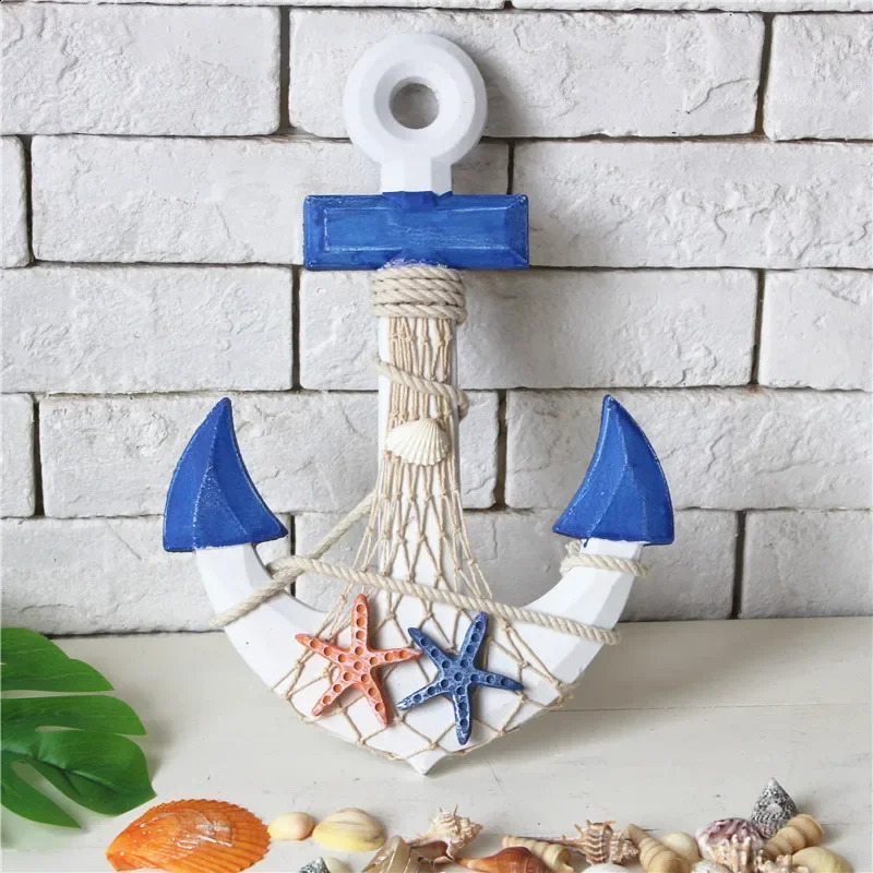 33cm Mediterranean Style Wood Anchor Ornament Nautical Decor Hanging Crafts Thermometer Wall Hanging Hook DIY Home Room Decor 240827