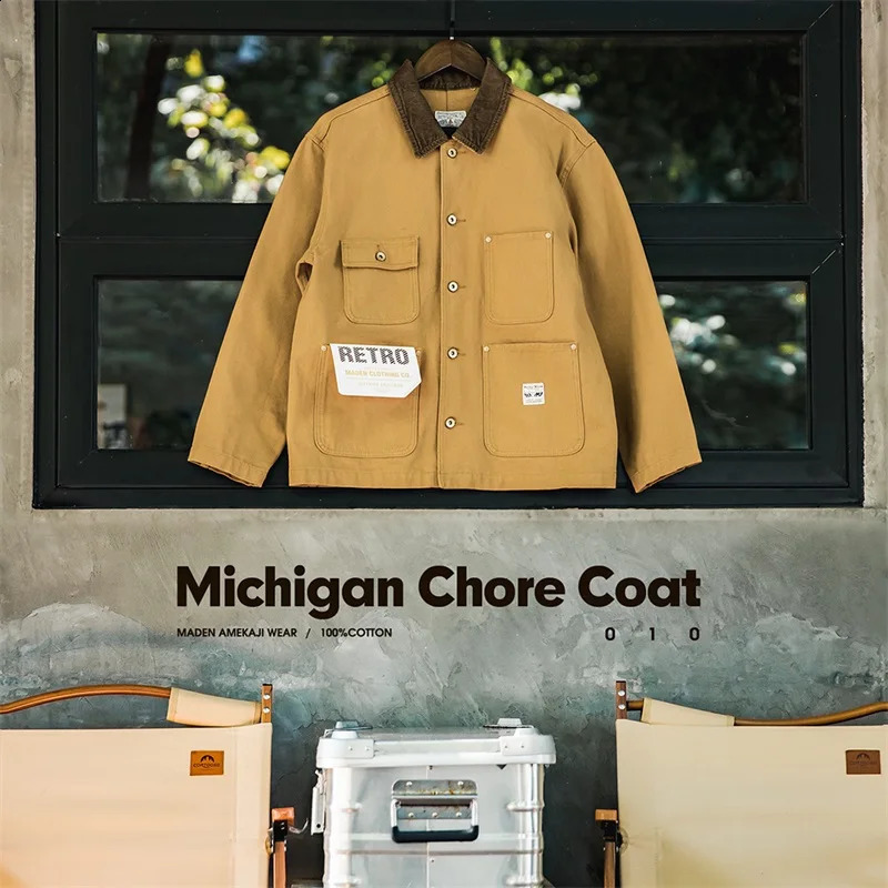 Maden-Womens American Retro Michigan Jacket Spring and Autumn 100% Cotton Canvas Lapel Long Sleeve Top Short Coat for Women 240827