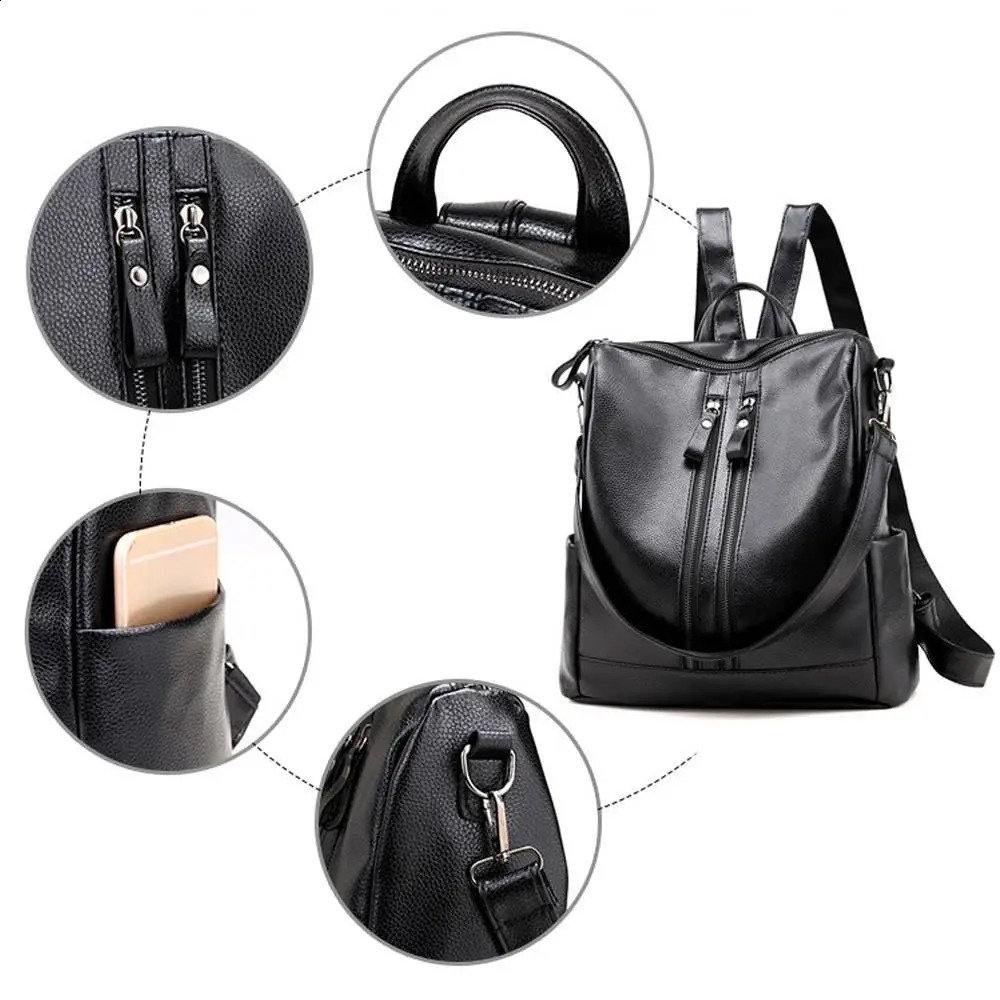 Womens backpack school soft leather black casual multifunctional college bag large capacity shoulder bag travel handbag 240827