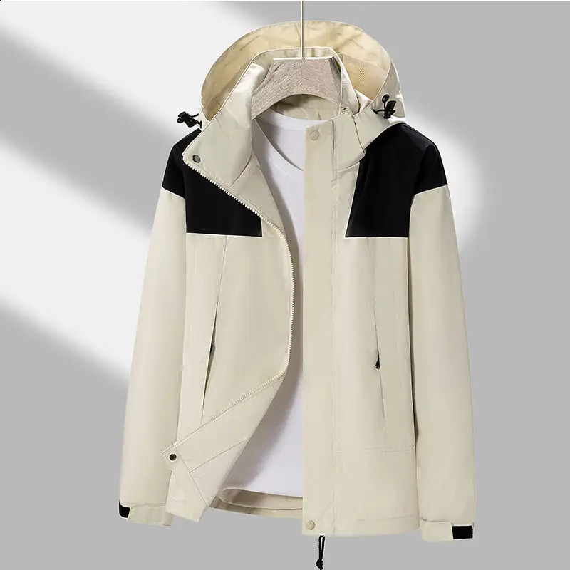 Spring and autumn casual jacket for men outdoor waterproof windproof hooded color matching camping clothing hiking loose 240827
