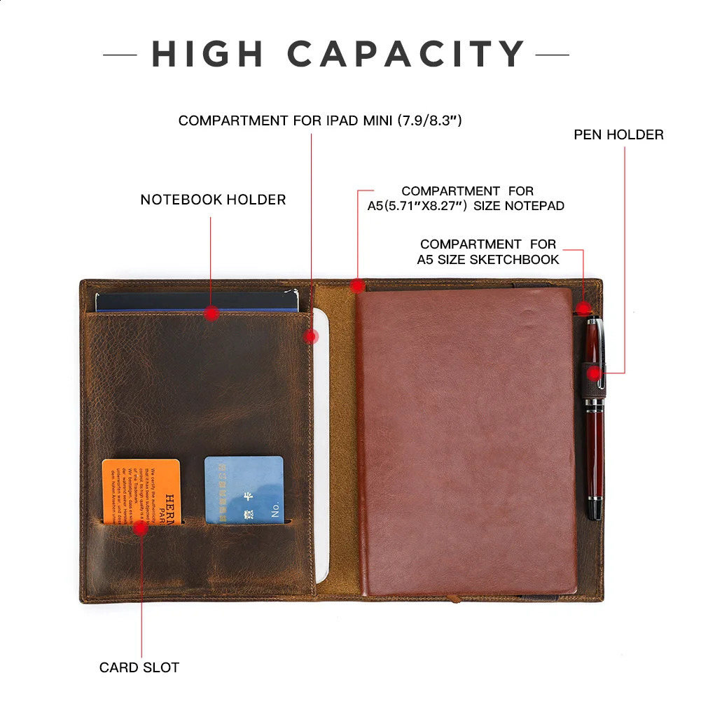 Vintage Crazy Horse Leather Notebook Portfolio For iPad Mini Case A5 Book Travel File Folder Office School Stationery Supply 240826