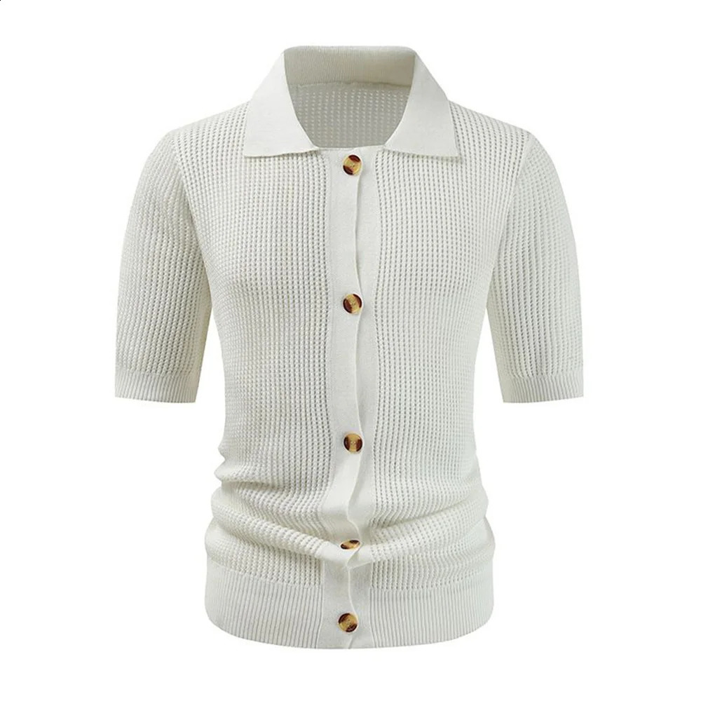 Mens Shirt Summer Knitted Casual Slim Short-Sleeved Top Mesh Semi-Transparent Breathable Trendy Mature Lapel Elegant Shirt 240827