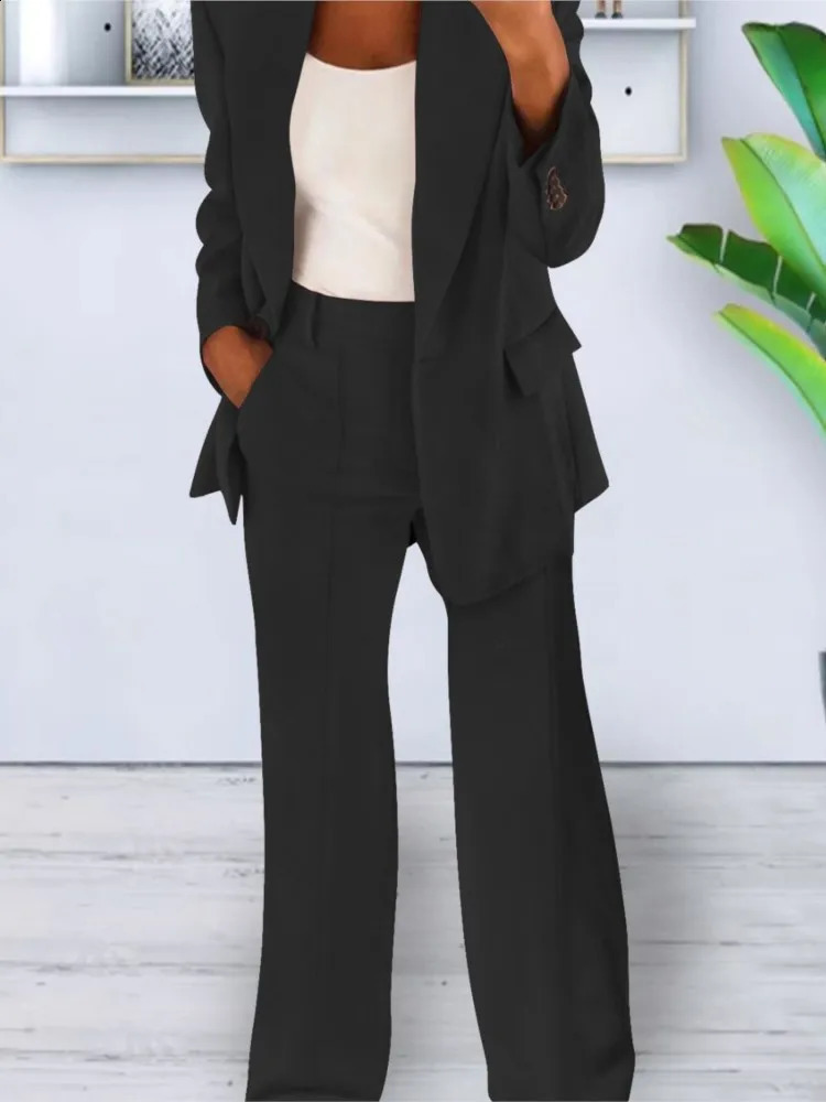 Autumn Winter Solid Color Blazer Women Long Sleeve Suit Simple Casual Pocket Fashion Temperament Female Office Pants 2 Piece Set 240826