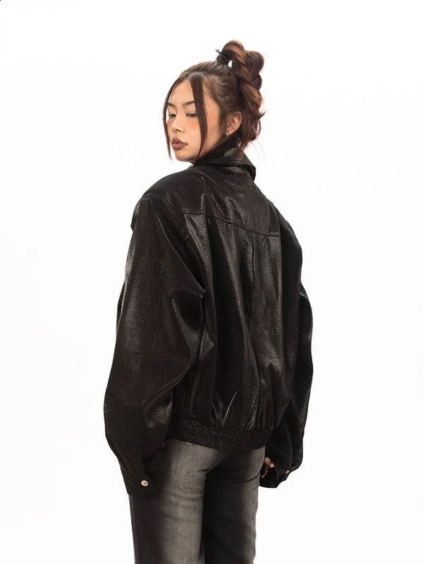 HOUZHOU Vintage Crop Leather Racing Jacket Women Y2k Streetwear Oversize Bomber Motorcycle Jackets Korean Fashion Autumn Winter 240827