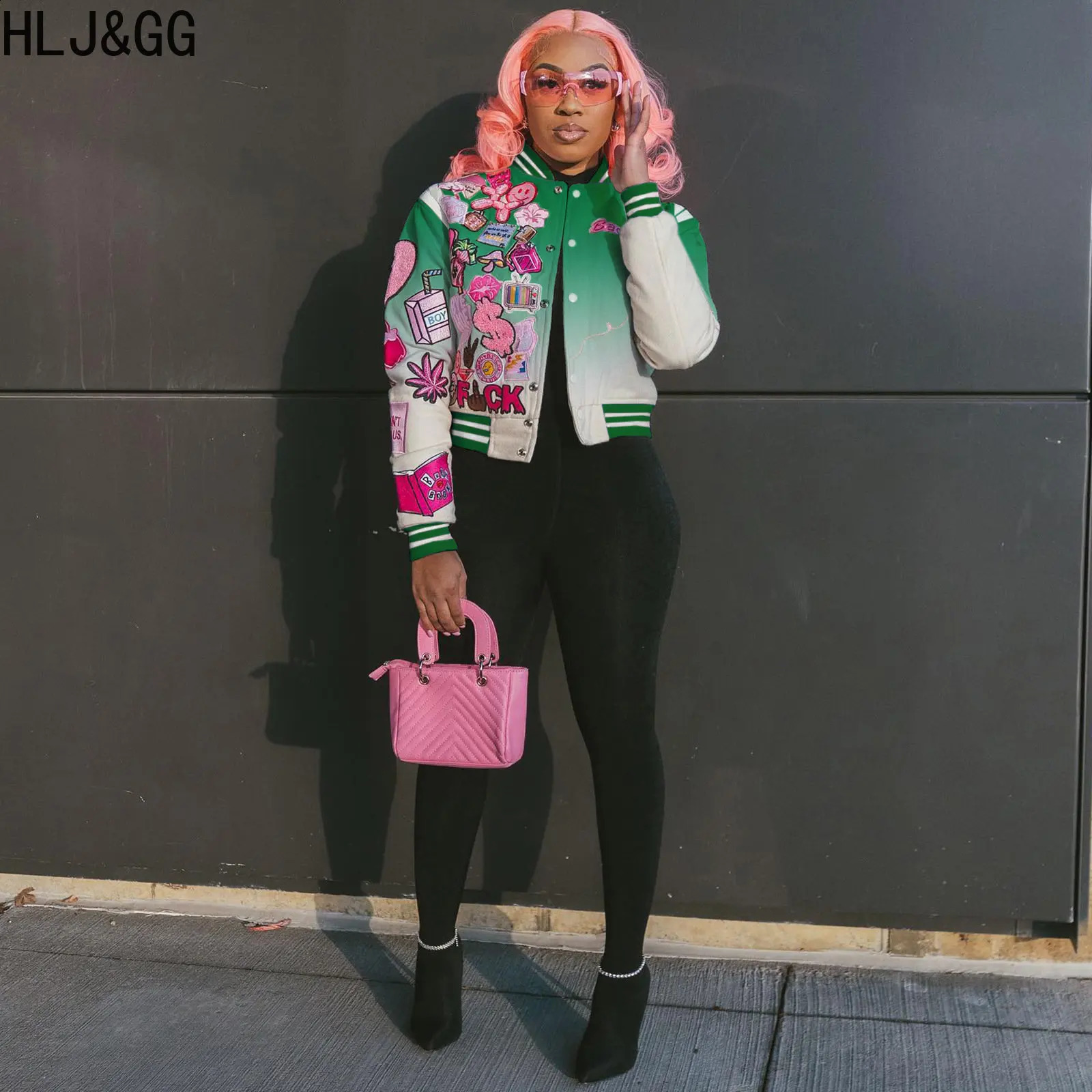 HLJ GG Fashion Streetwear Women Graffiti Printing Button Long Sleeve Coats Casual Gradual Loose Baseball Jacket Clothes 240827