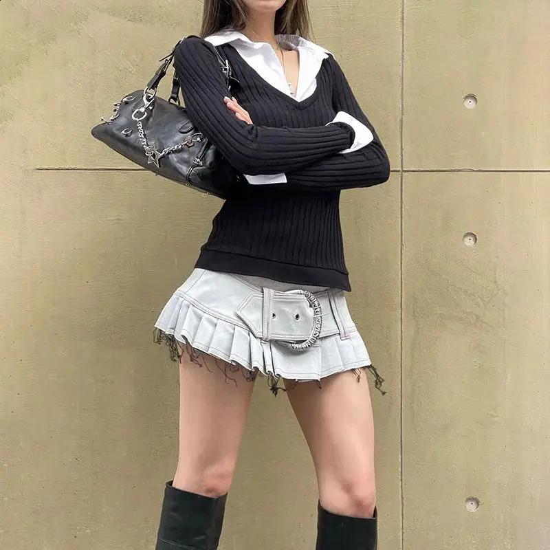 Fashion Academy Style POLO Collar Splicing Fake Two Strip Ultra Thin Knitted Long Sleeve T-shirt for Womens Weight Loss in Autumn and Winter 240827