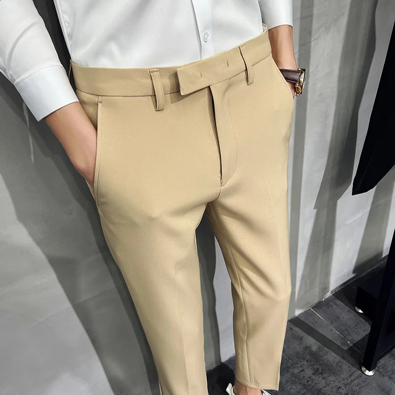 Summer Fashion Mens Dark Green Suit Pants Pure Color Business Occupation Slim Fit Dress Office Ankle Trousers 240827