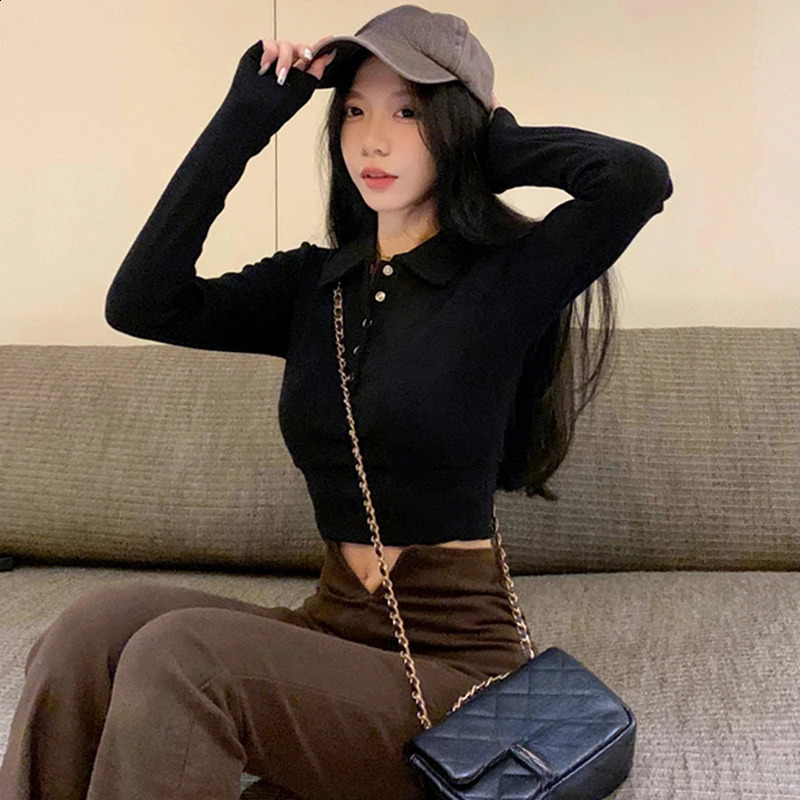 Autumn and winter womens thick T-shirt Harajuku long sleeved polo neck solid casual slim button T-shirt Y2k malt top streetwear 240827
