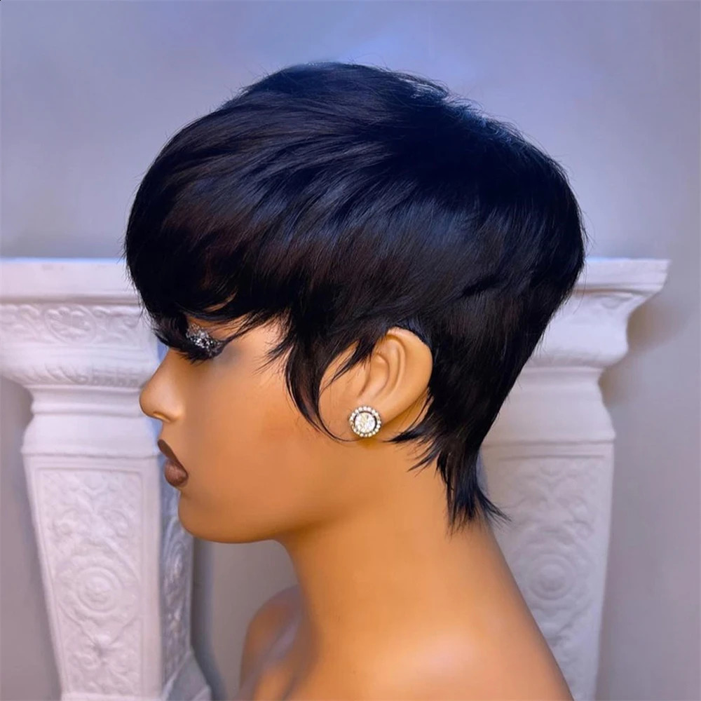 Short Straight Bob Wig Pixie Cut Wig Human Hair For Black Women With Bangs Brazilian Virgin Hair Non Lace front Wig Black 240826