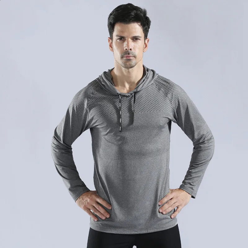 Autumn and winter thick running shirt mens long sleeved hooded gym Tshirt fitness training quick drying breathable sports 240827