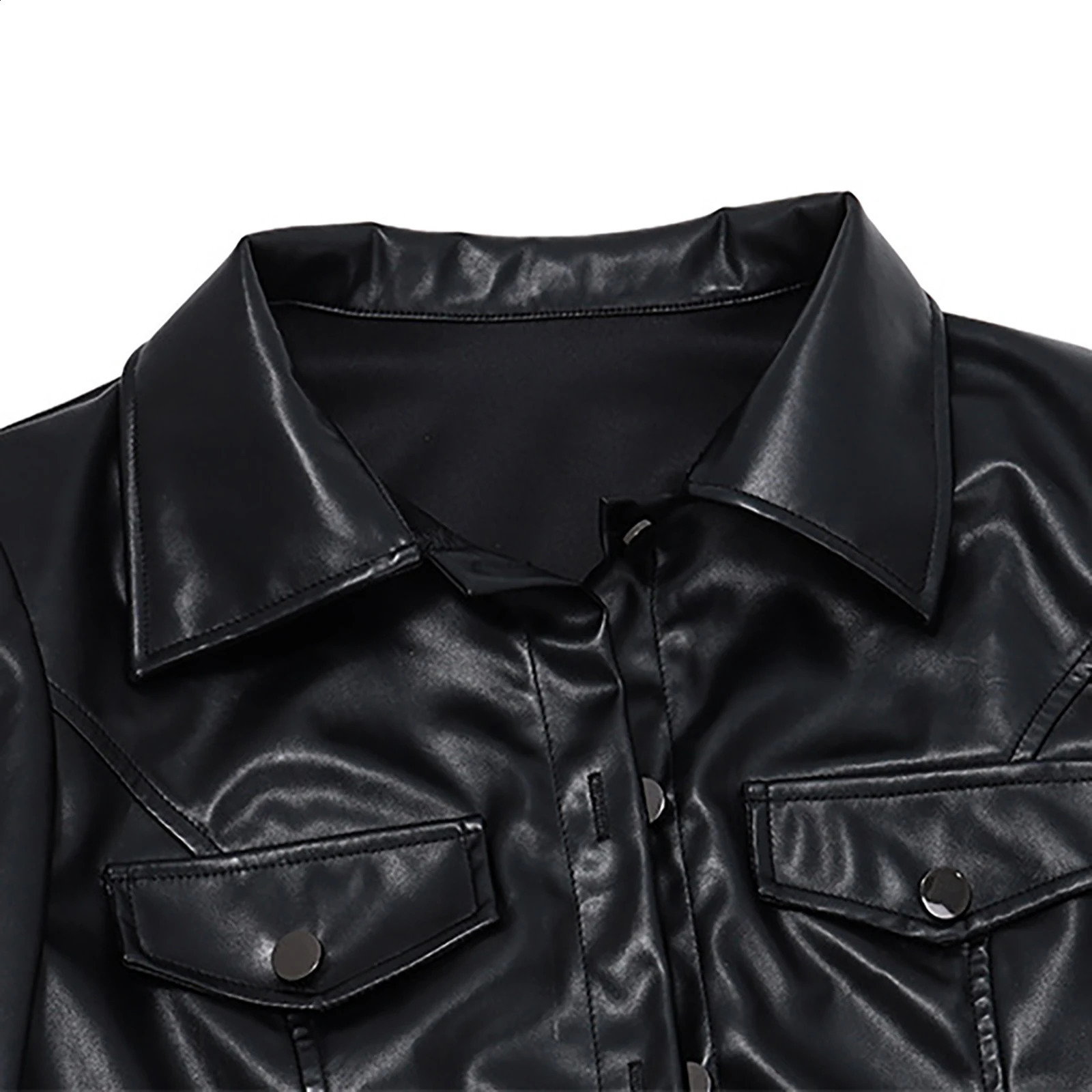 Womens motorcycle patent leather bomber jacket party coat club lapel long sleeved button up top 240827
