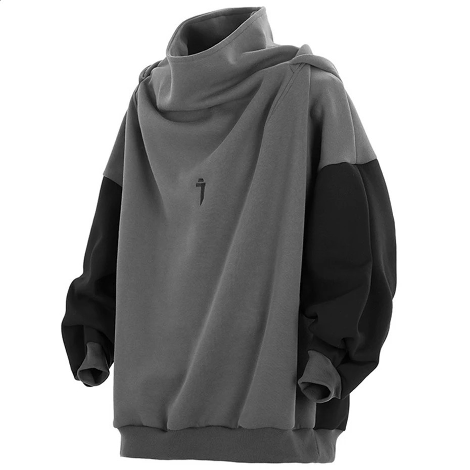 Mens Techwear Hoodie Black Grey Patched Work Sweater Oversized Harajuku Hip Hop Pullout 240826