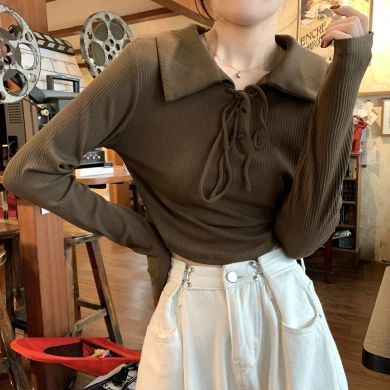Crop top womens autumn T-shirt Y2k Korean fashion long sleeved T-shirt polo solid color T-shirt womens ultra-thin T-shirt lace clothes 240827