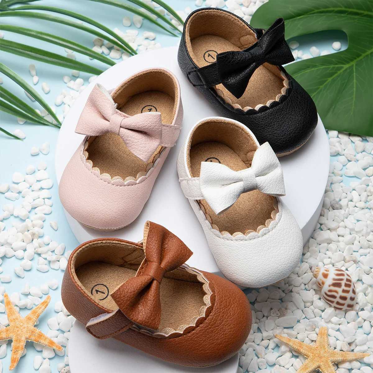 Baby Casual Shoes Baby Bow Knot Non slip Rubber Soft Bottom Flat PU First Walker Newborn Bow Decoration Mary Janes Shoes M240827