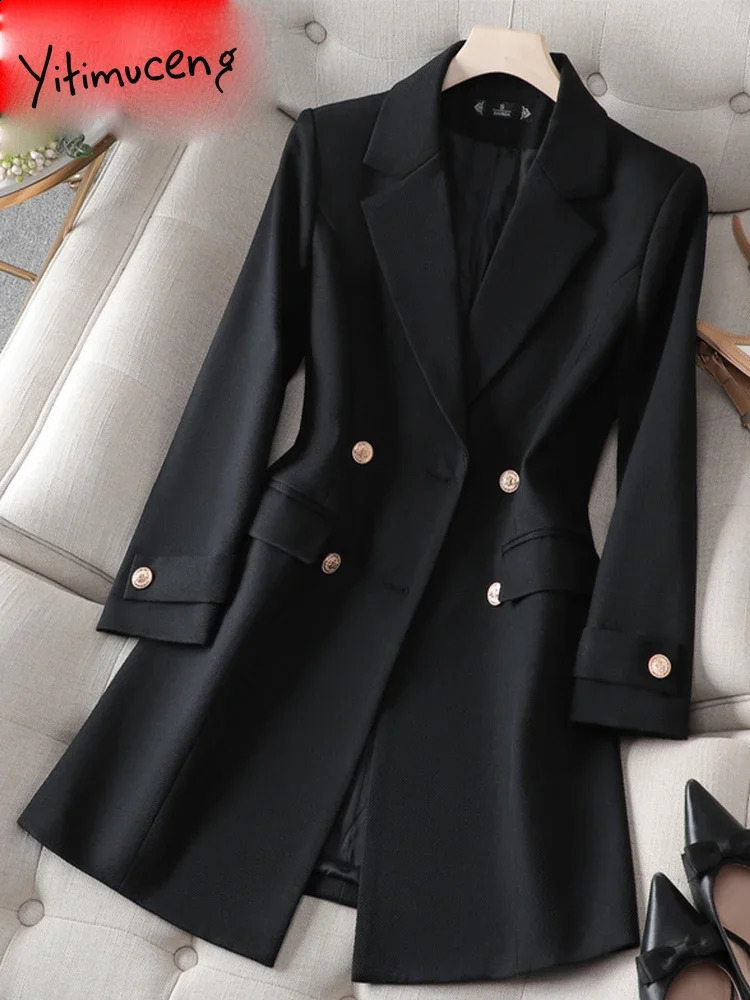 Yitimuceng Turn Down Collar Blazers for Women Fashion Solid Casual Double Breasted Coats Office Ladies Long Sleeve Jacket 240826