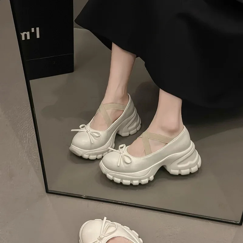 Thick soled silver shoes bow high pairing skills ballet shoes multifunctional single shoes 240827