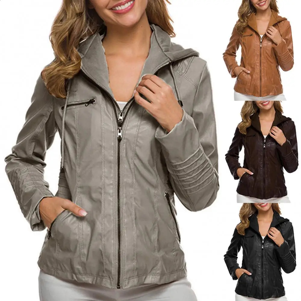 Womens artificial leather jacket solid color zipper motor jacket outerwear outerwear with pockets autumn and winter womens clothing 240827