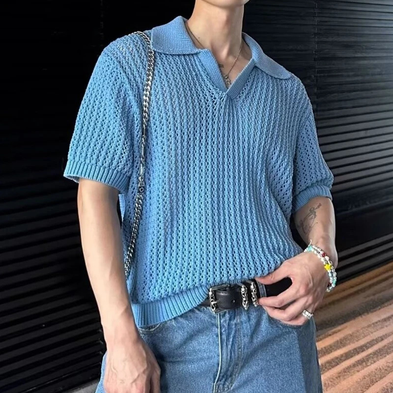 Fashion Turn-down Collar Knitted Polo Shirt Men Casual Short Sleeve Hollow Out Breathable Knit Tops Summer Mens Knitting Clothes 240827