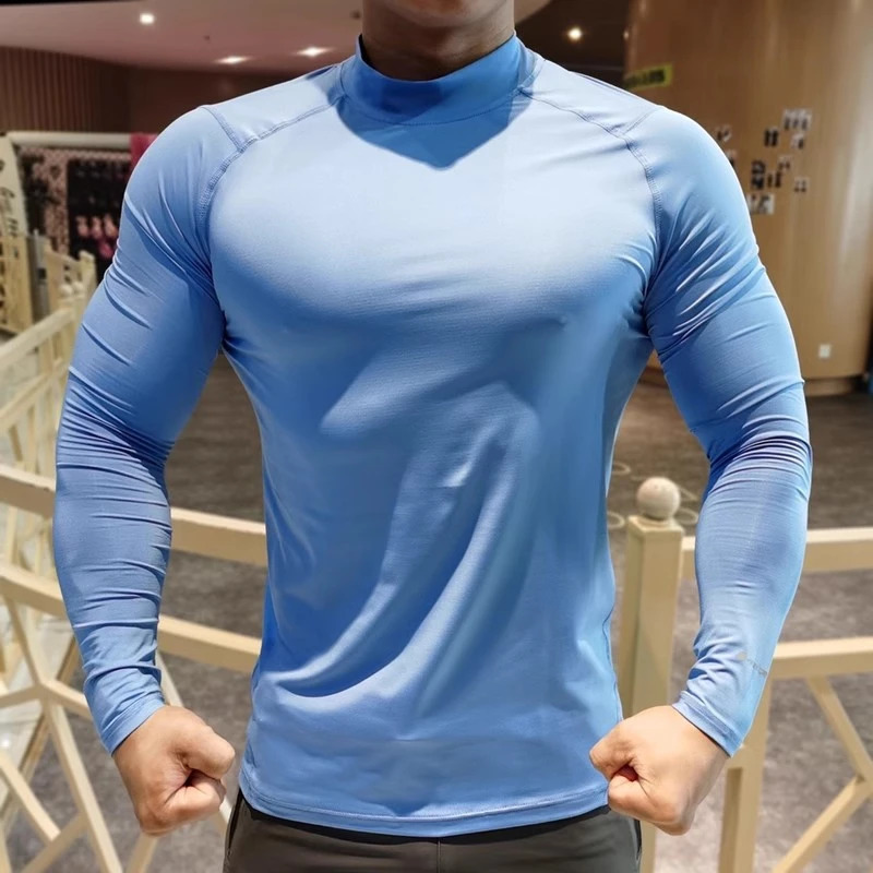 Mens autumn sports compression Tshirt half turtle neck long sleeved top pure ultrathin mens running gym sportswear 240827