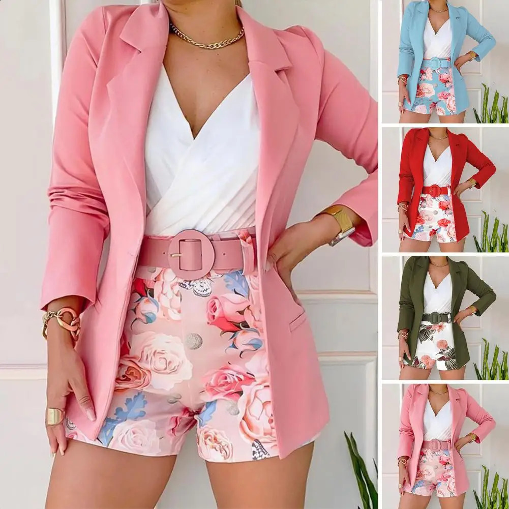 2 Pcs/Set Women Blazer Shorts Set Flower Print Suit Coat Shorts Suit Solid Color Coat Long Sleeves Lady Outfit Set For Daitng 240826