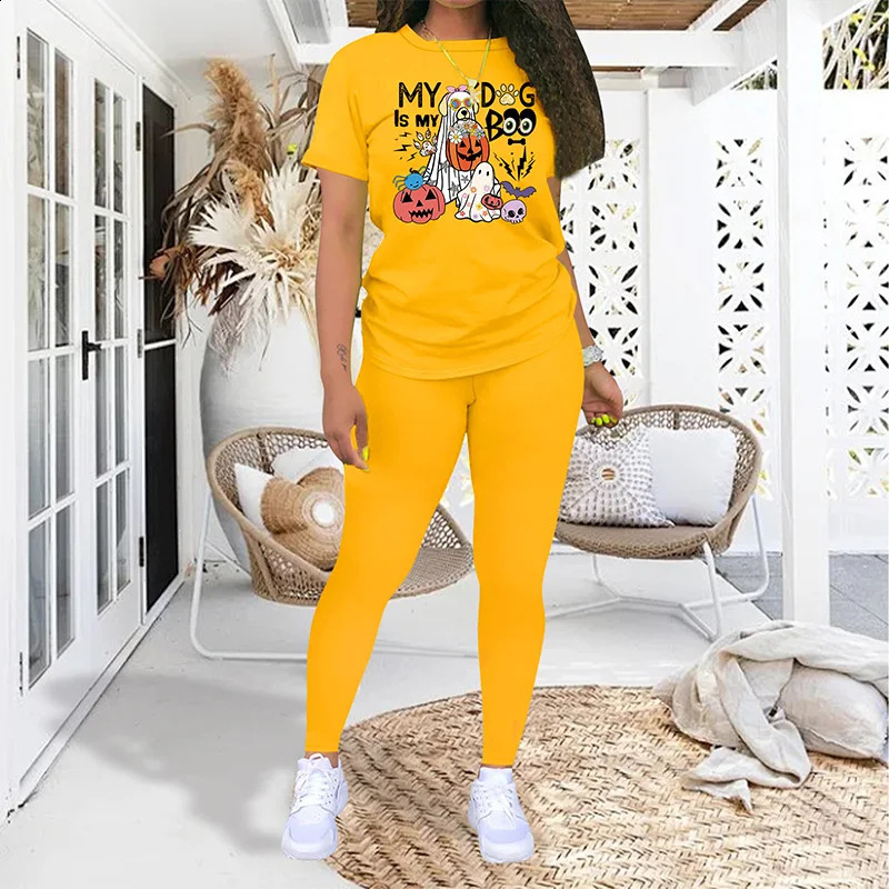 Halloween Dog Fashion Printed Two Piece Set Womens Casual Short sleeved T-shirt and Tight Summer Set 240827