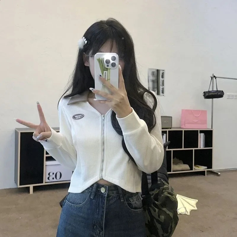 Irregular Top Womens Autumn Polo T-shirt Y2k Korean Fashion Long Sleeve T-shirt Patch Work T-shirt Womens Zipper T-shirt 240827