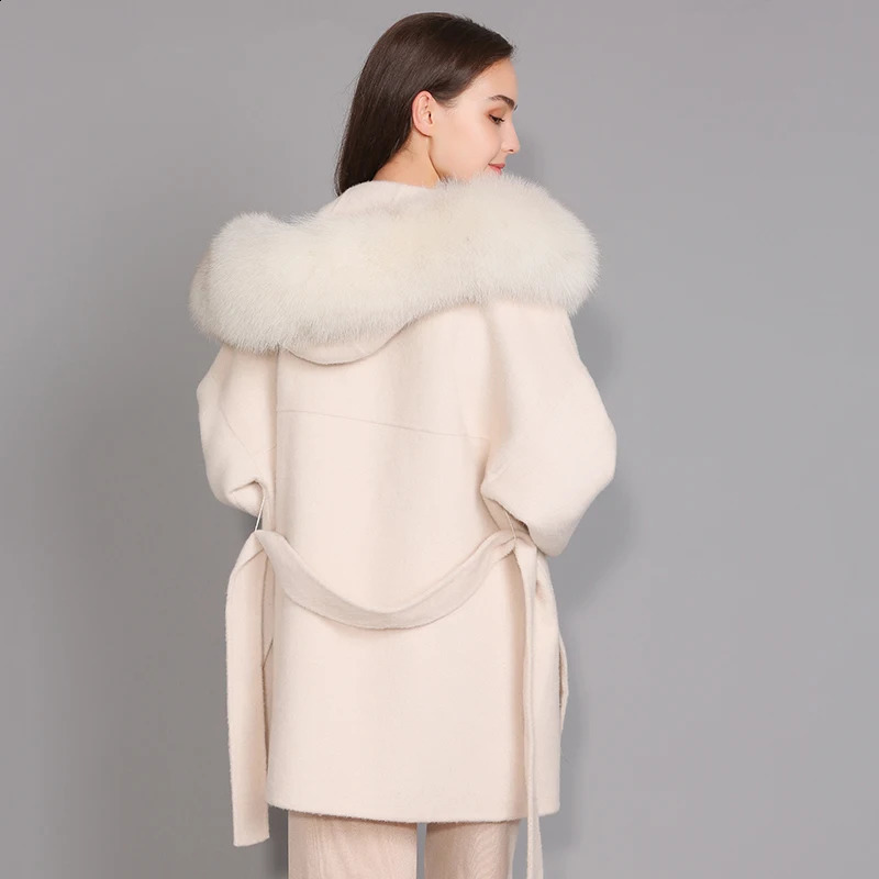 Real Fur Coat Hood Winter Jacket Womens 100% Natural Fox Fur Collar Cuff Cashmere Wool Blended Oversized Coat Loose 240826