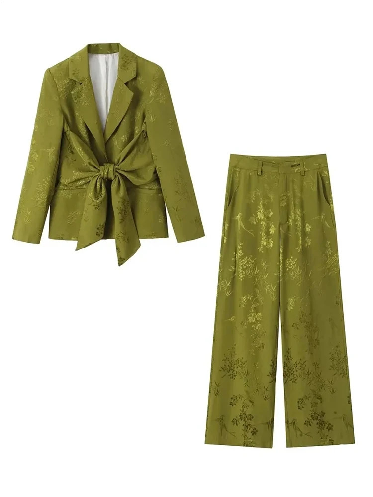 Elegant Jacquard Pants Sets For Women 2 Pieces Summer Bow Pleat Blazer Womens Suit Two Piece Set Casual Lady Outfit 240826