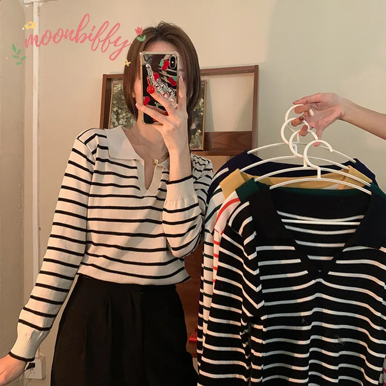 Striped V-neck pullover polo sweater for womens early autumn casual full matching top long sleeved knitted bottom sweater jumper 240827