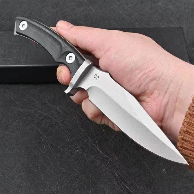 Top Quality MK8 Survival Straight Knife D2 Stone Wash Drop Point Blade Full Tang G10 Handle Outdoor Hunting Fishing Fixed Blade Knives with Leather Sheath