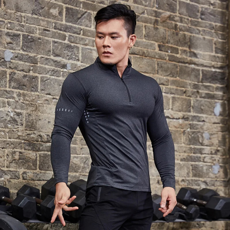 Mens tight fitting sports Tshirt long sleeved gym running clothing fitness compression sportswear zipper hiking Rashgar shirt 240827